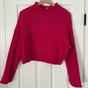 Pilcro cropped sweater from Anthropologie. Pink cable knit mock neck.